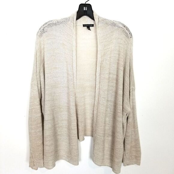 EILEEN FISHER  Women Organic Linen Boxy Cardigan Sz L Beige Open Front Light - Picture 1 of 8